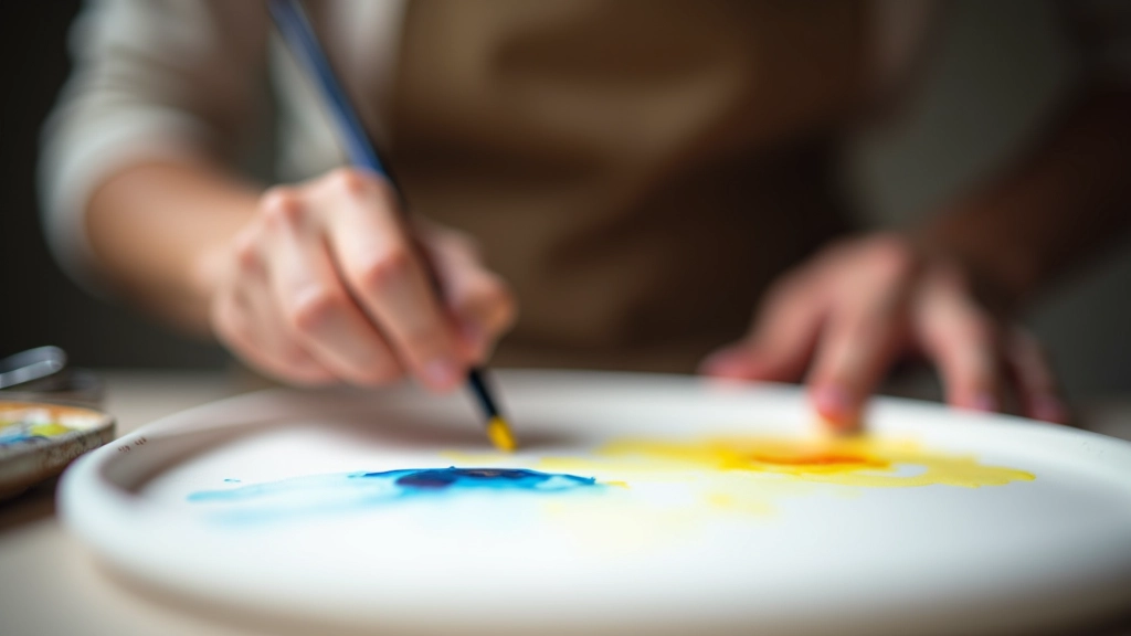 Artist's hand mixing watercolour greens on white ceramic palette with three separate pigment colours visible