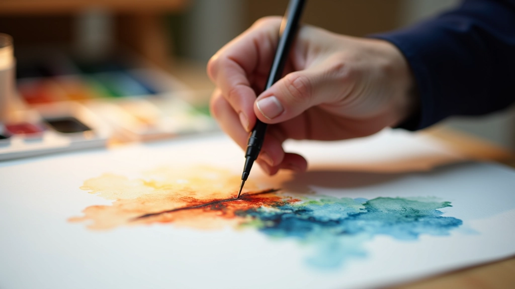 Artist's hand applying wet watercolour paint to dampened paper showing pigment bloom