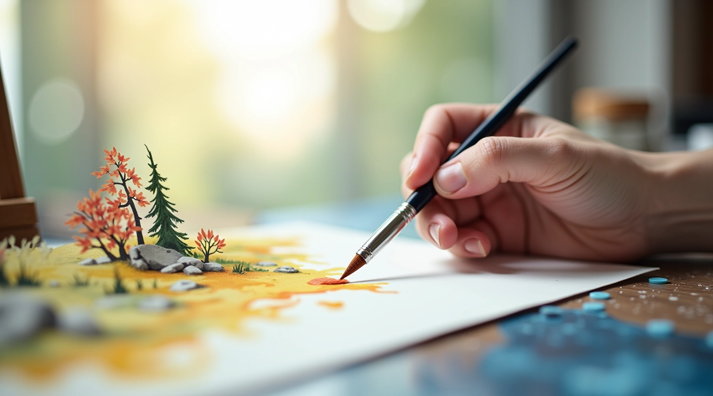 Artist's hand holding a wet watercolour brush above a landscape painting with green hills and blue sky