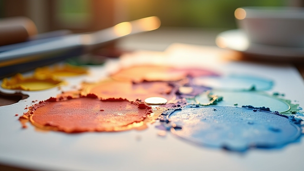 Close-up of watercolour palette with mixed blues, greens, and earth tones arranged in circular wells