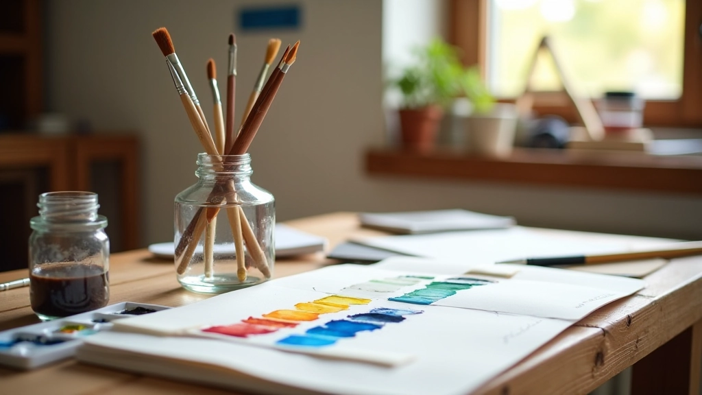 Well-organized watercolour artist workspace showing brushes, palettes, and materials
