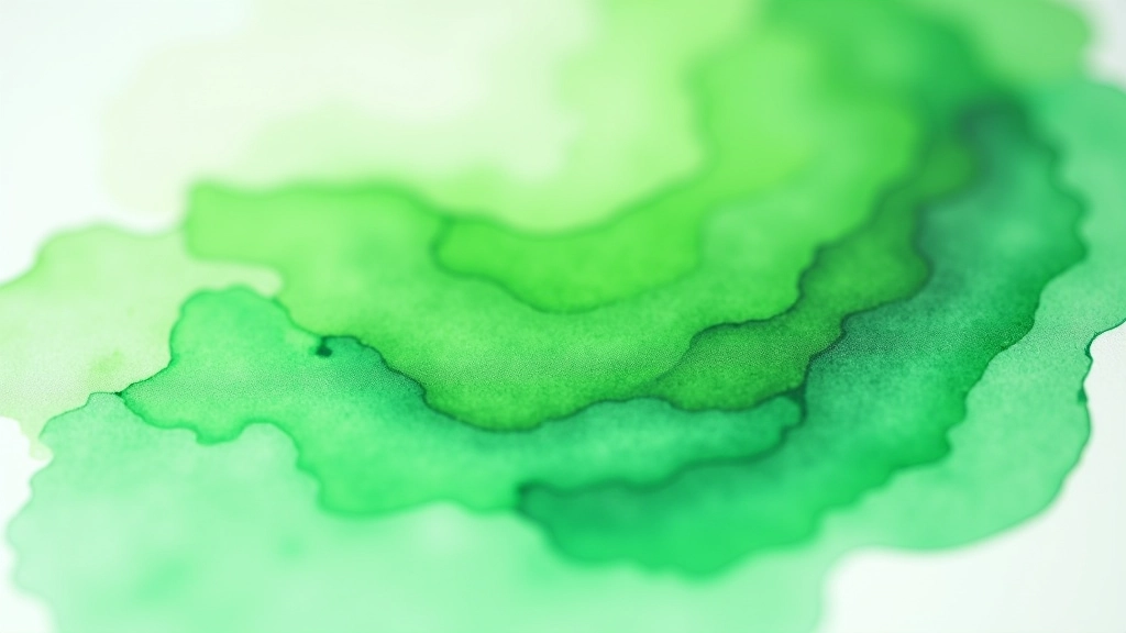 Close-up detail of watercolour painting showing varied green pigments layered with transparent washes creating luminous effect