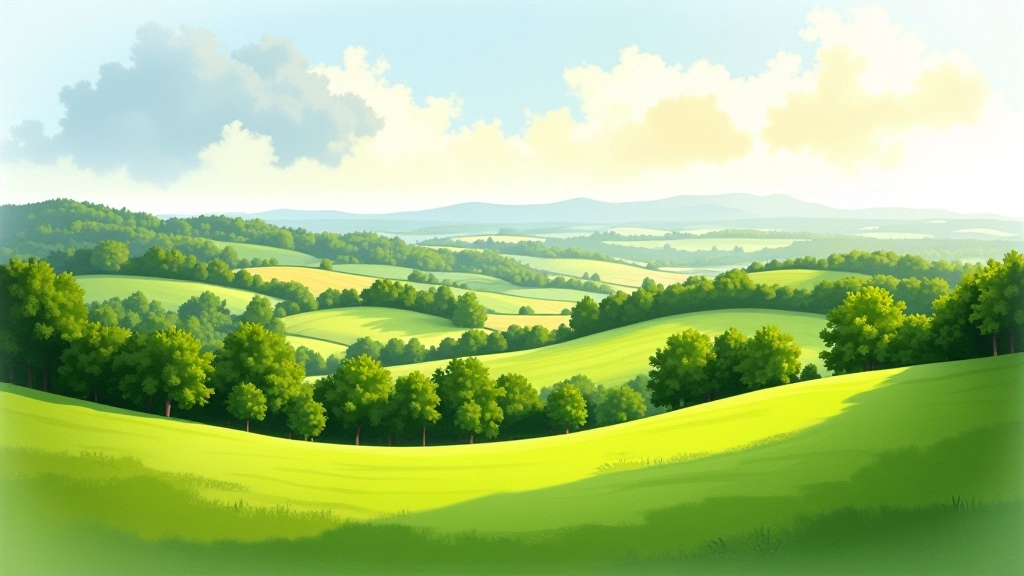 Panoramic view of green Moravian landscape with rolling hills, fields, and distant horizon under partly cloudy sky