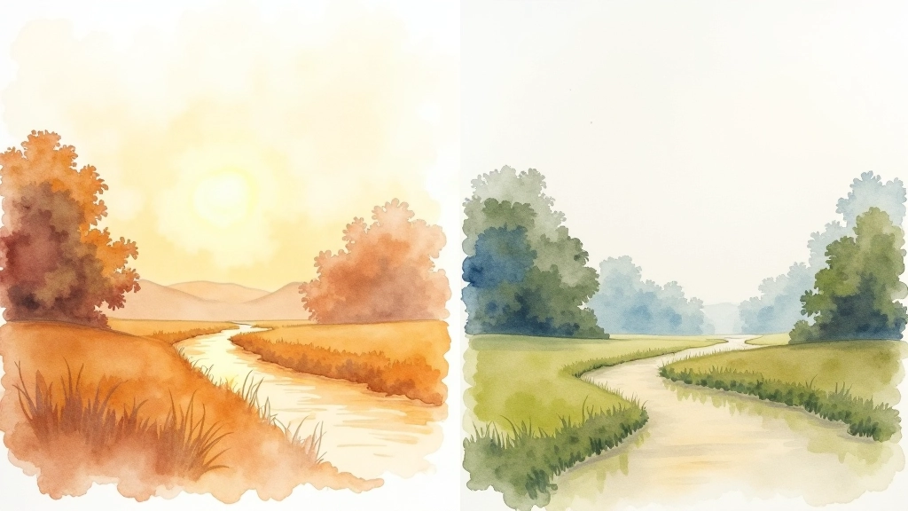 Before and after watercolour comparison: flat painting with same colours throughout versus painting with clear warm foreground, cool background, and atmospheric depth