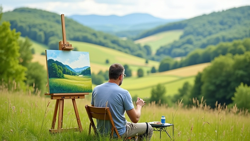 Watercolour artist working outdoors in front of green Moravian hills, sketching on location with portable supplies