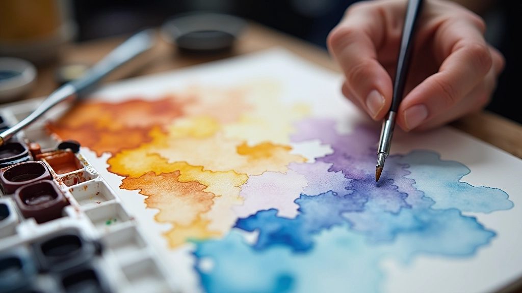 Close-up detail of watercolour palette showing warm ochre and burnt sienna pigments for foreground mixed alongside cool ultramarine blue and cerulean for background