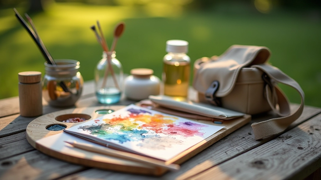 Watercolour artist's portable field kit laid out with palette, brushes, paints, and canvas bag on outdoor table