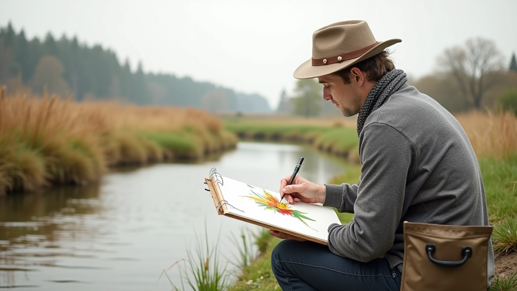 Watercolour artist painting outdoors near river with portable water containers and supplies during overcast Moravian landscape conditions