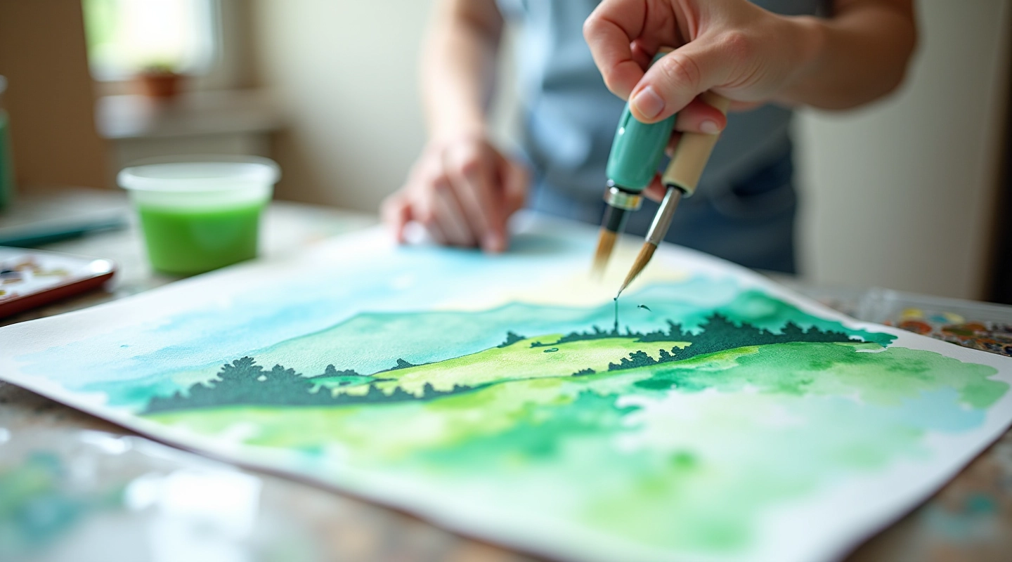 Beautiful watercolour landscape painting demonstrating wet technique and atmospheric depth