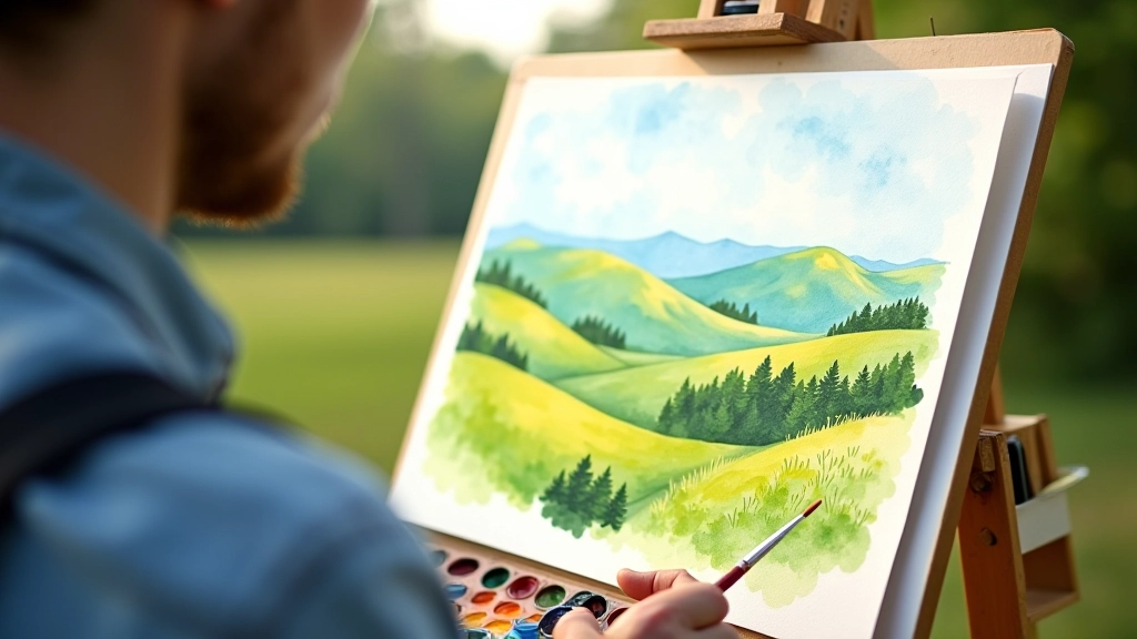 Watercolour landscape painting in progress showing sky and rolling green hills with natural light and shadow transitions