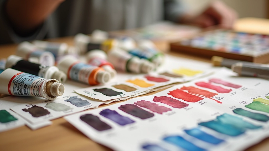 Watercolour paints arranged by colour family on a ceramic palette