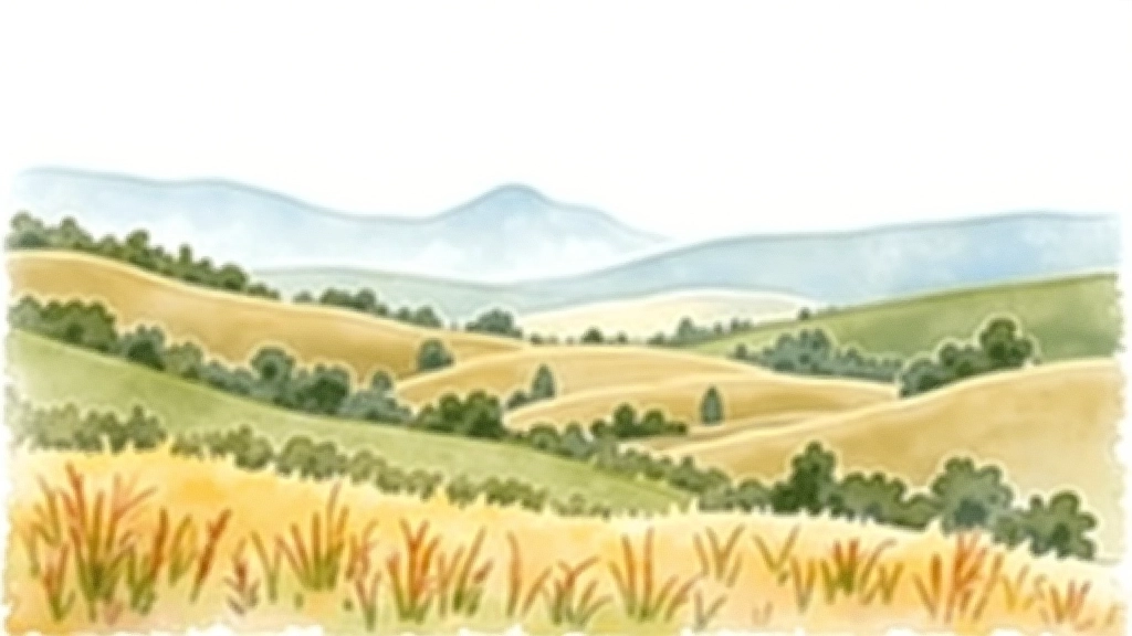 Watercolour landscape showing clear layers of atmospheric depth from warm green foreground to pale blue mountains in distance