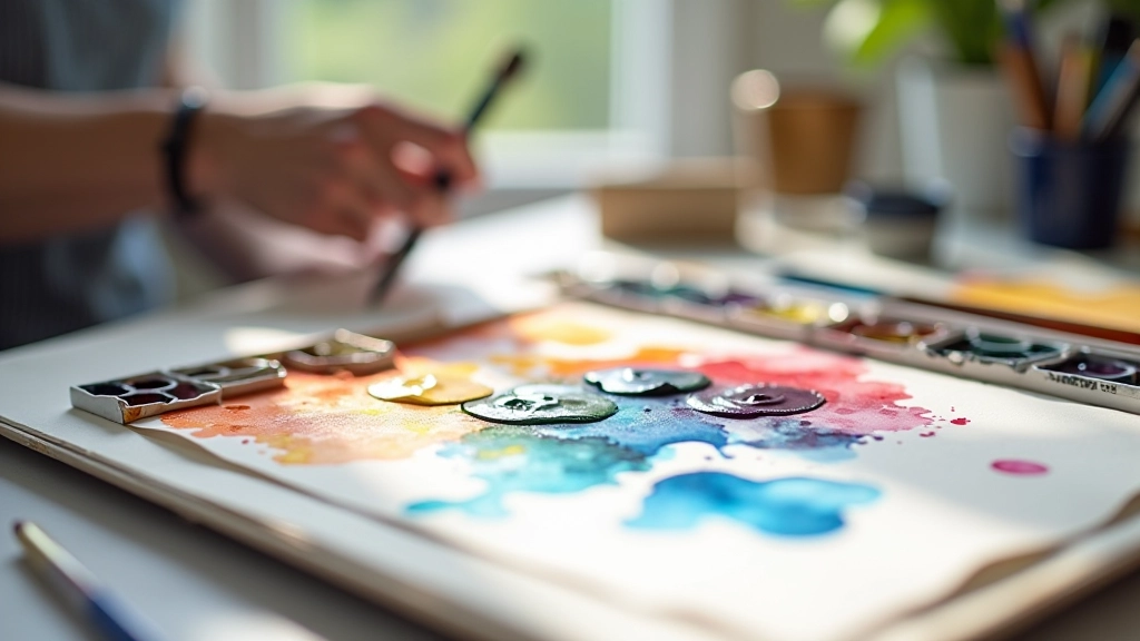 Watercolour palette with vibrant greens, blues, and earth tones arranged in ceramic wells, artist's workspace